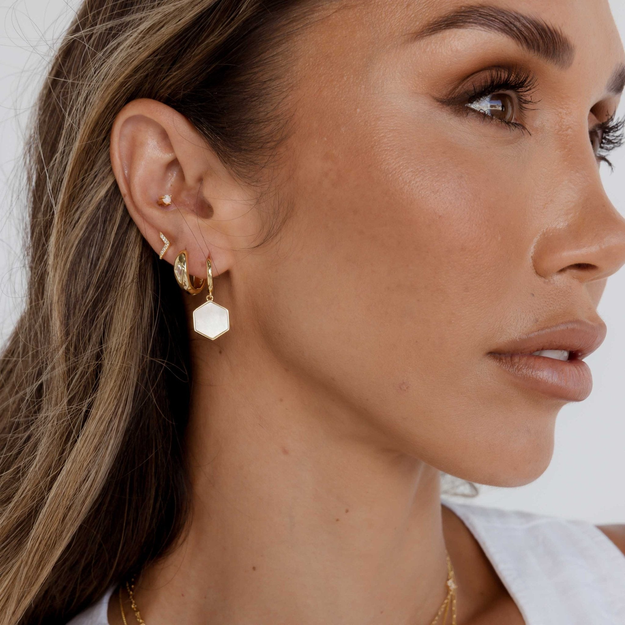 Hexagon Mother Of Pearl Huggie Earrings - Camile & Stone