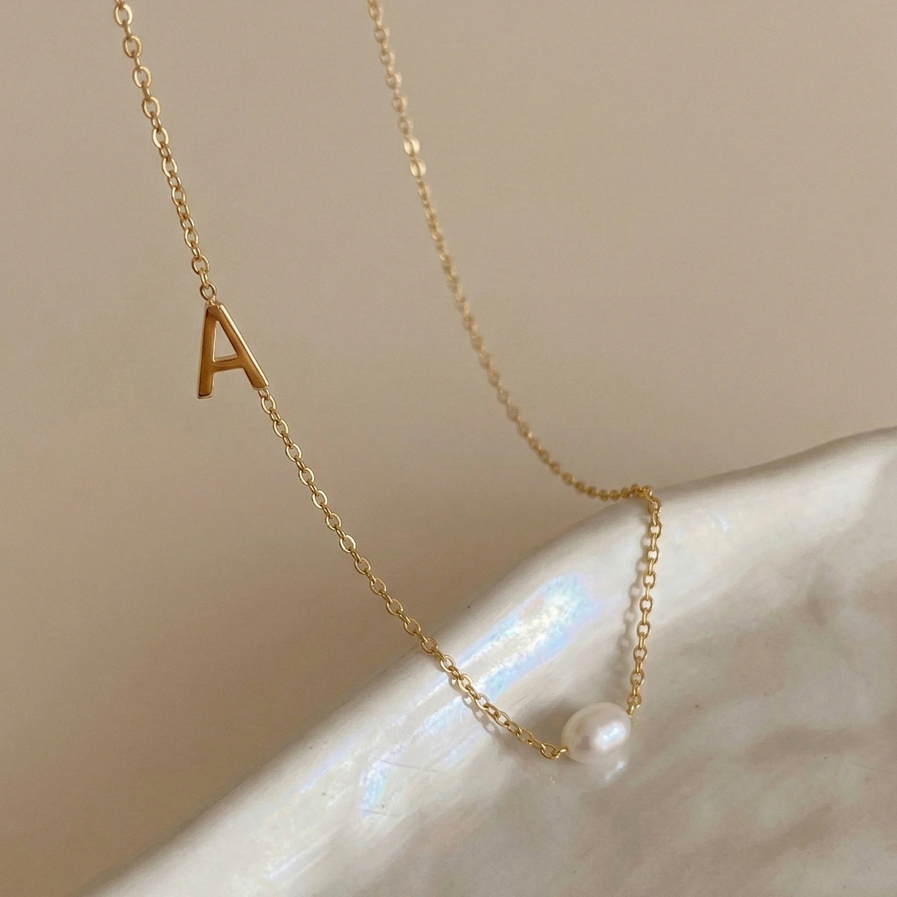 Sideways A - Z Initial Letter Freshwater Pearl Necklace - Camile & Stone