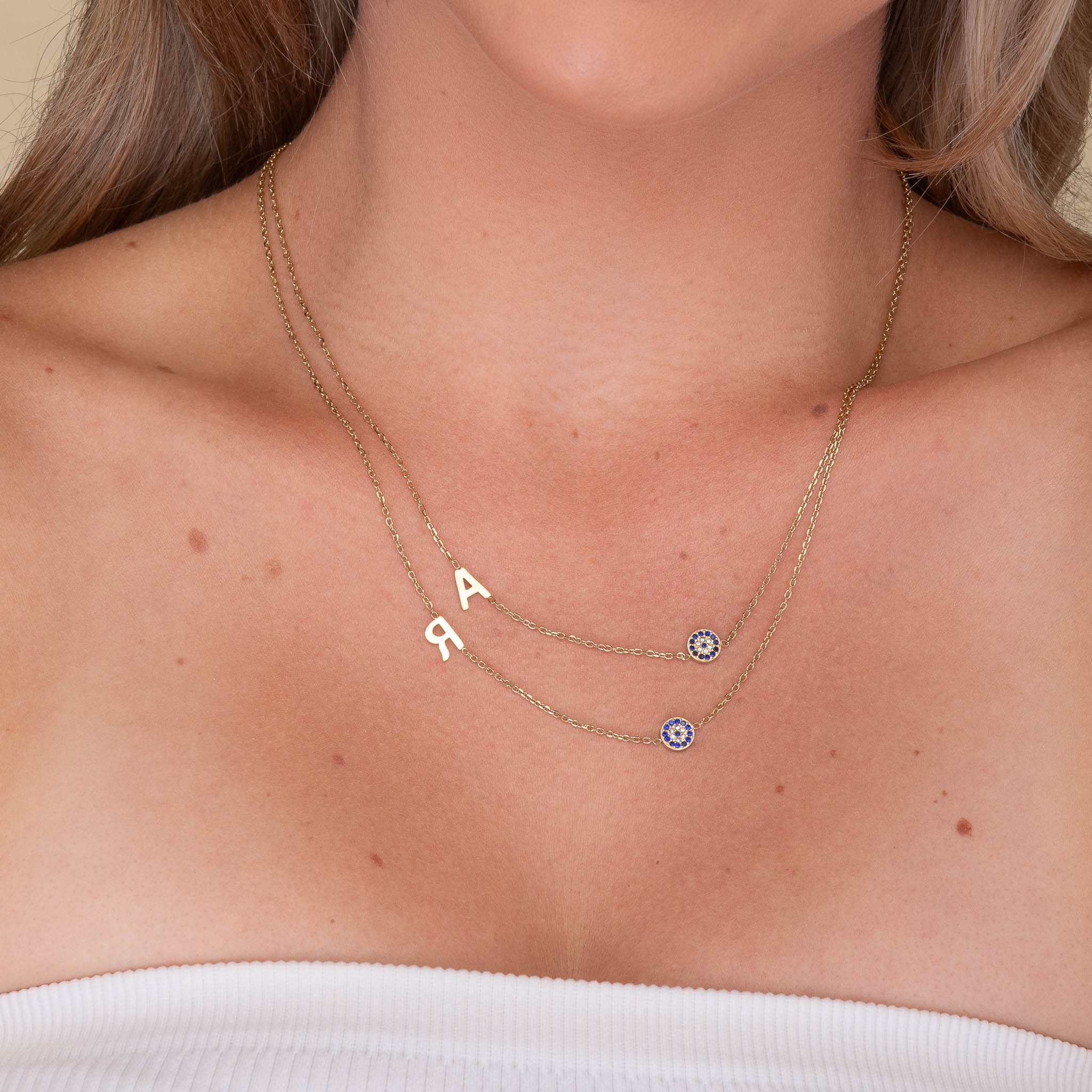 Sideways Initial Letter Evil Eye Necklace - Camile & Stone