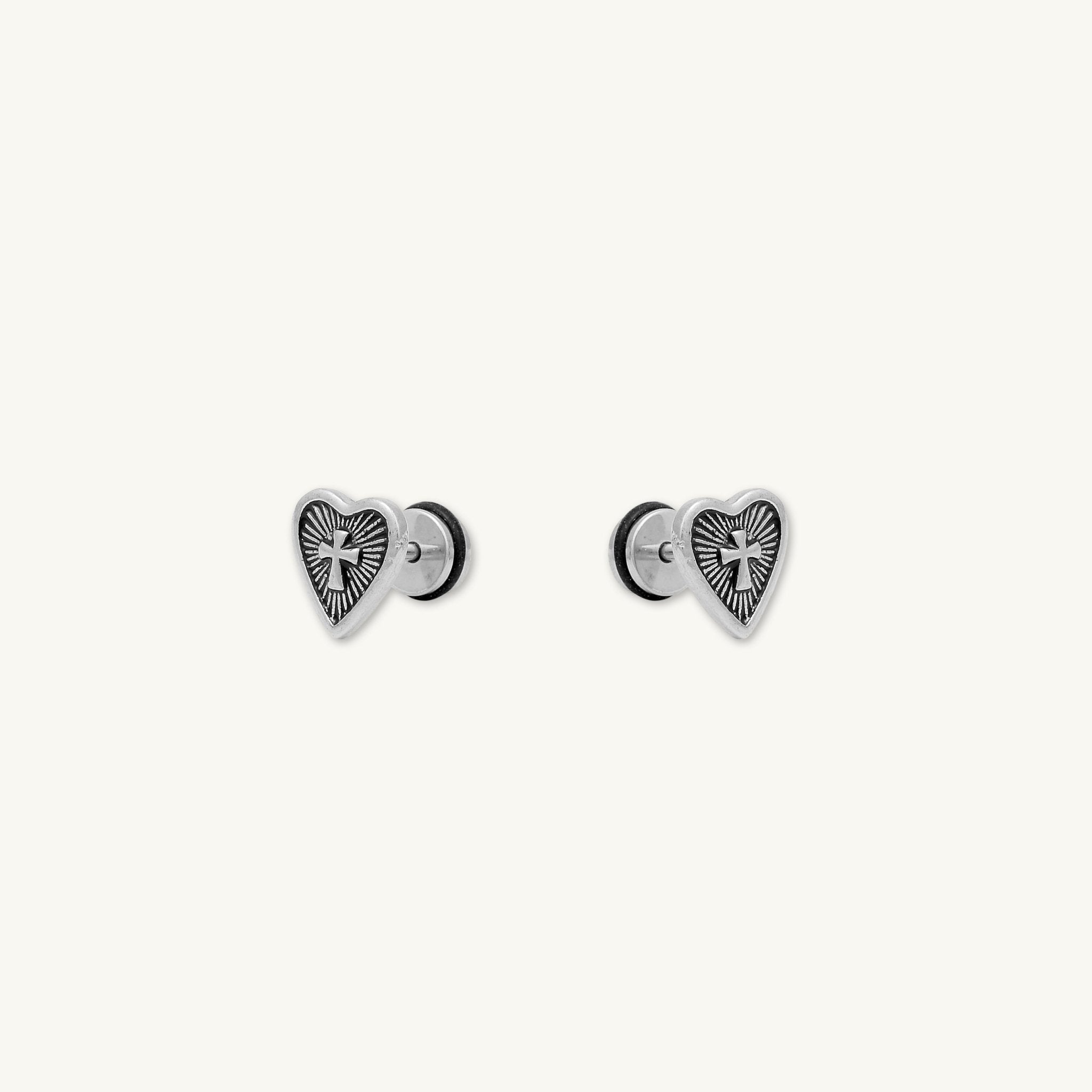 Unisex Gothic Cross Heart Stud Earrings - Camile & Stone