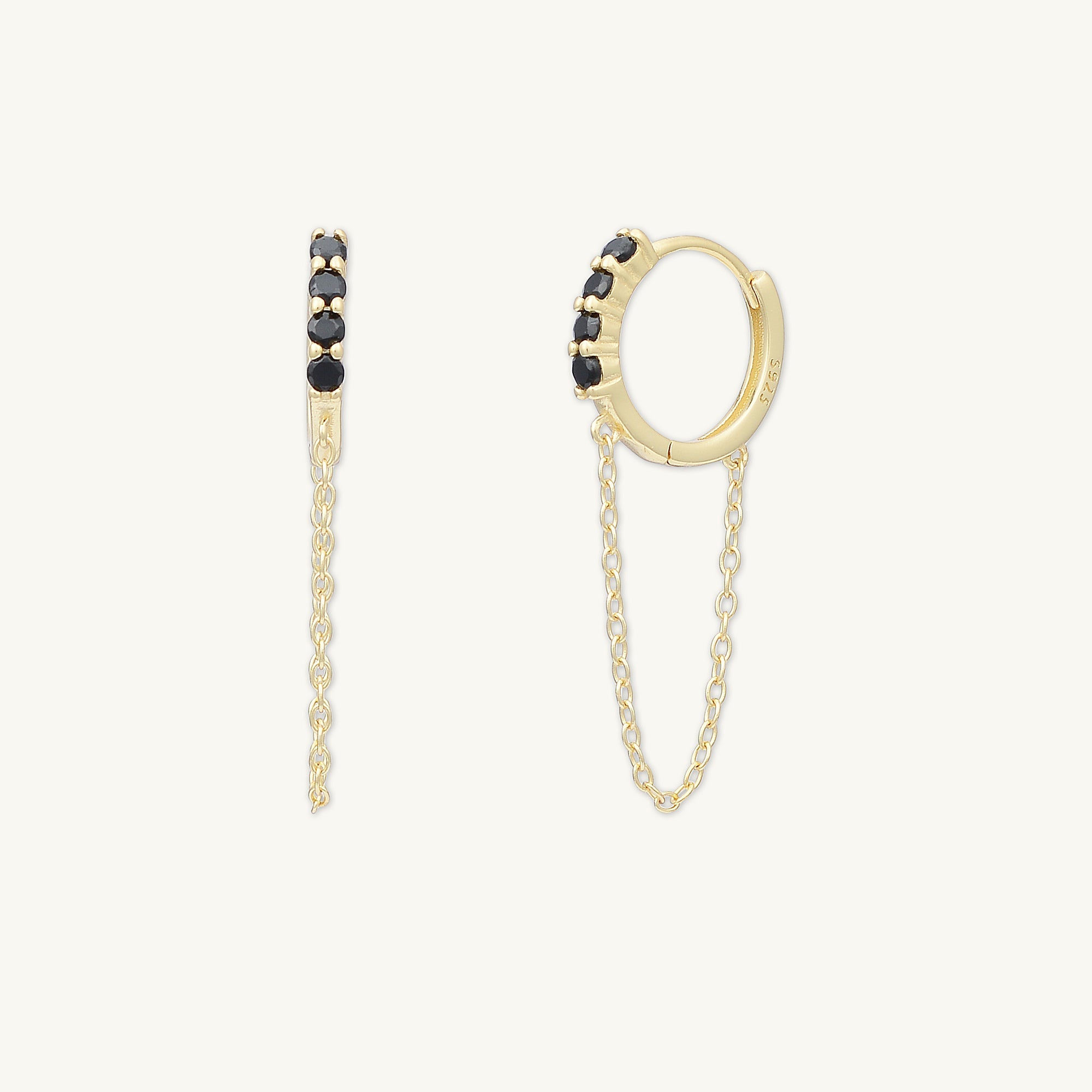 Black Sapphire Dangling Chain Huggie Earrings - Camile & Stone