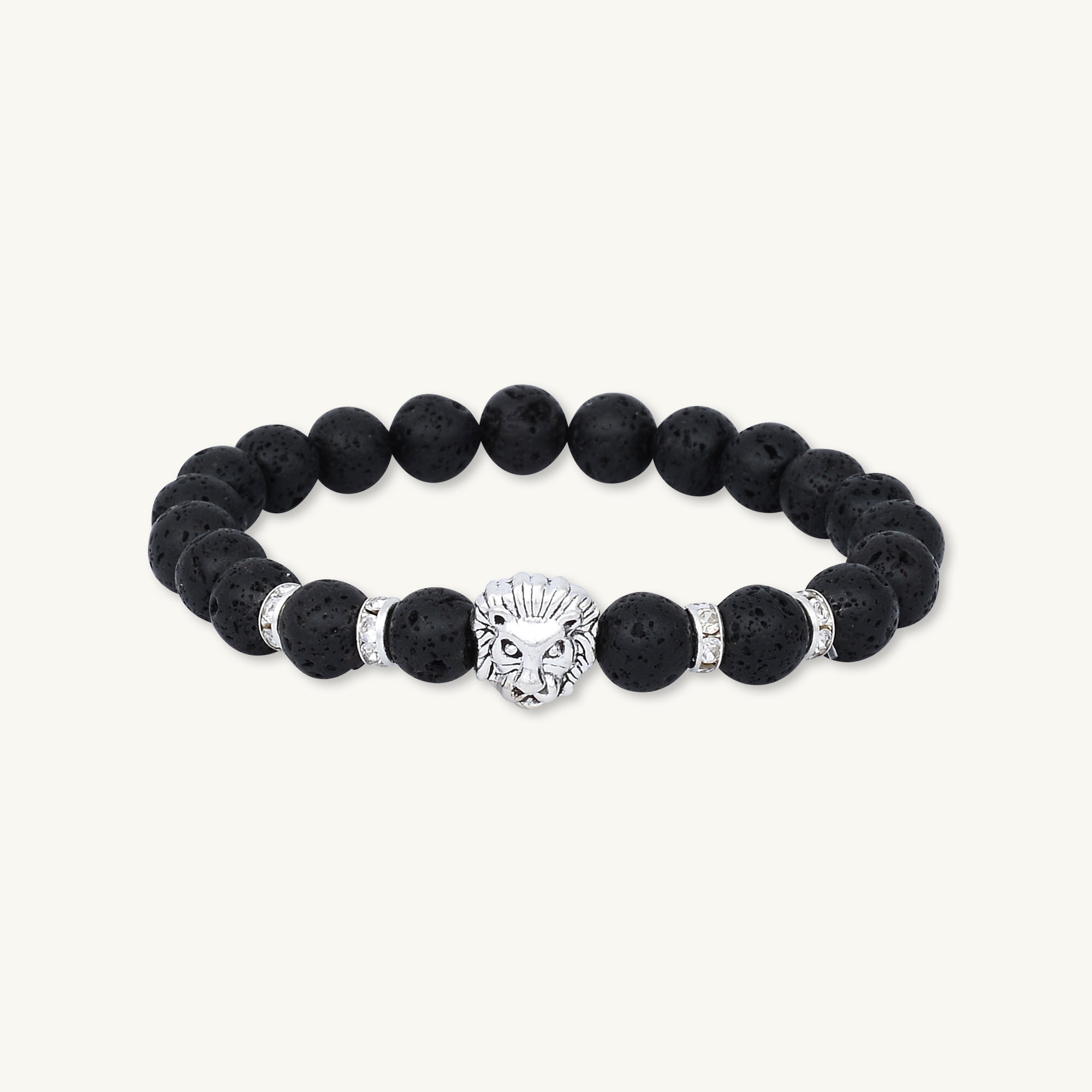 Silver Lion Black Lava Stone Bracelet