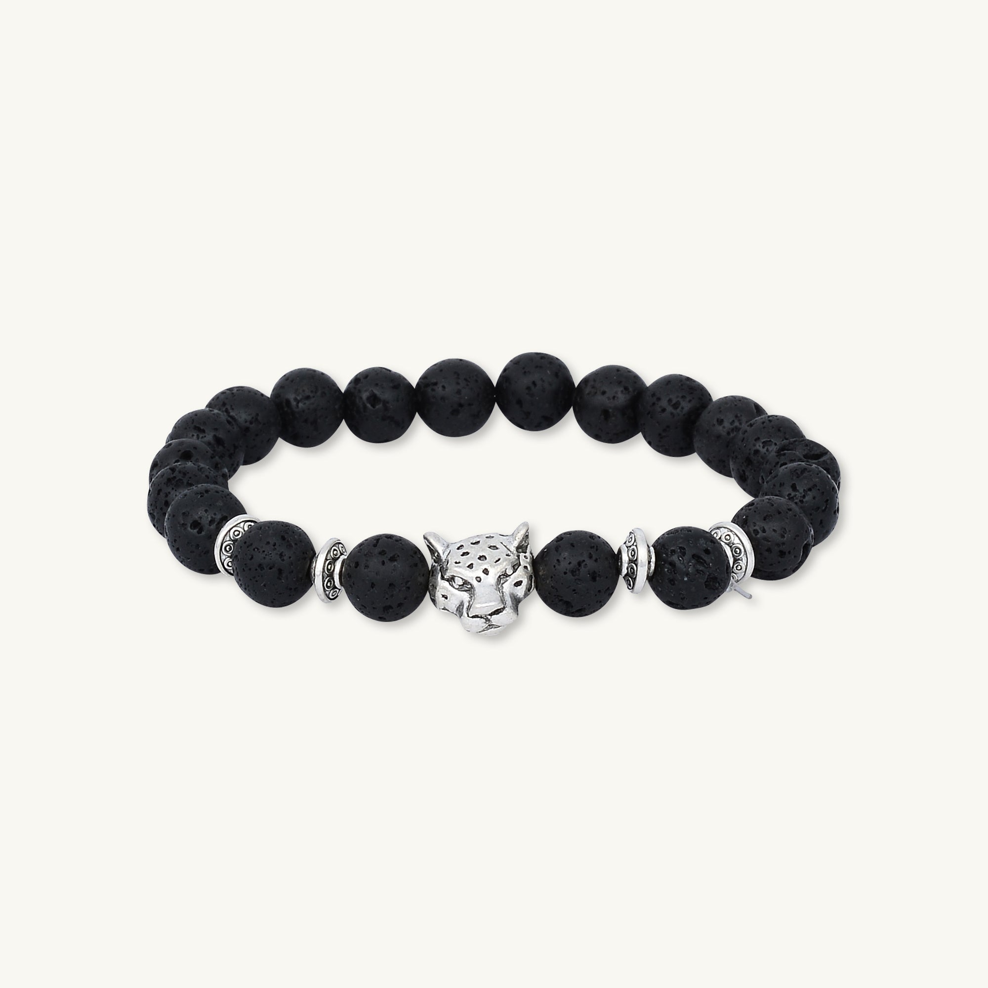 Silver Panther Black Lava Stone Bracelet