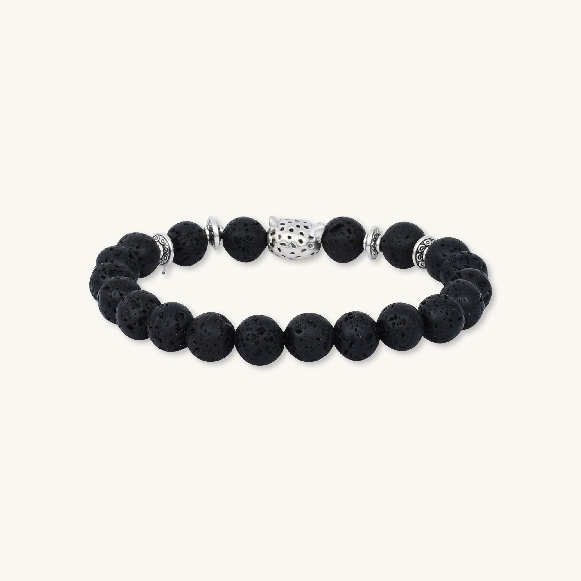 Silver Panther Black Lava Stone Bracelet