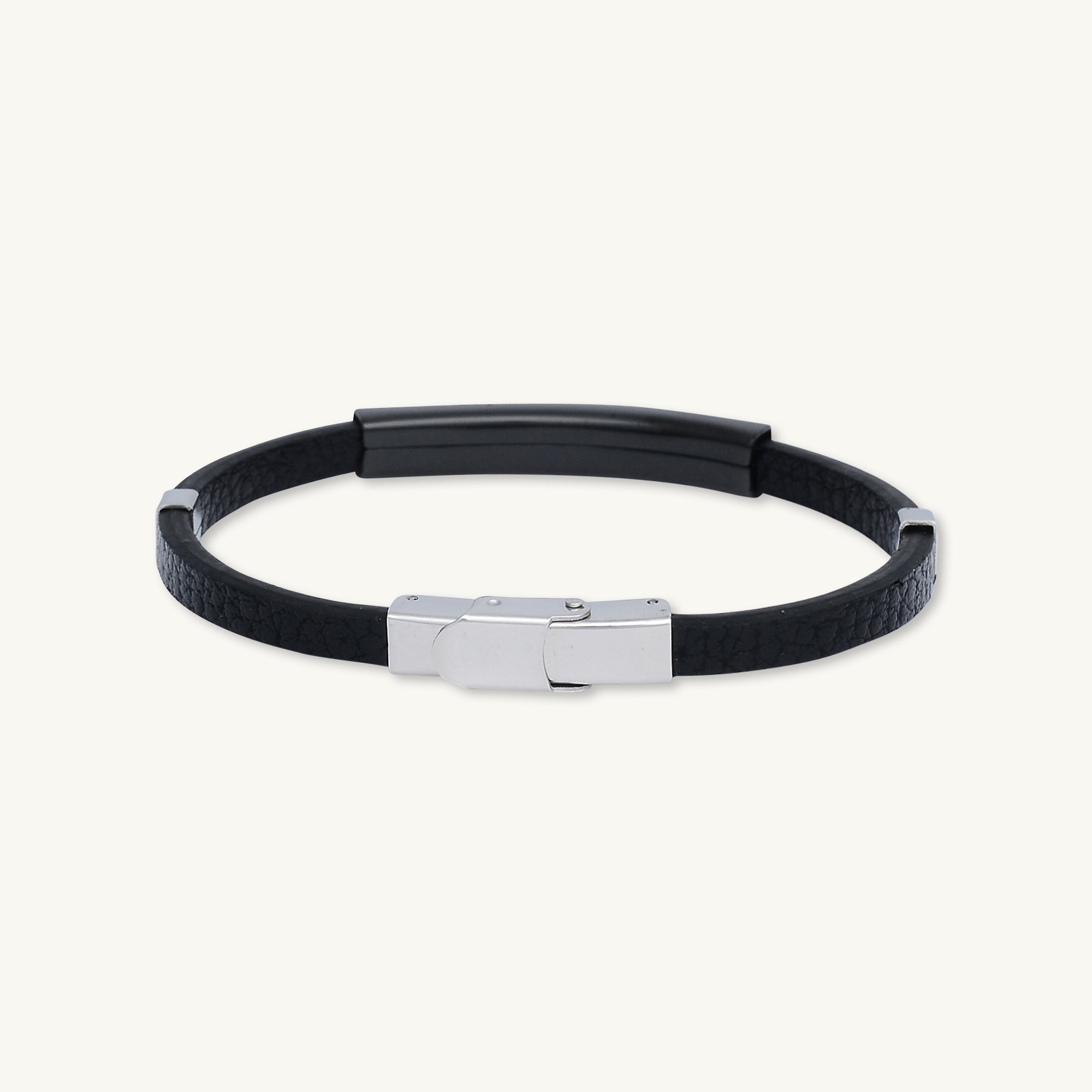 Black Leather Bar Stainless Steel Bracelet - Camile & Stone
