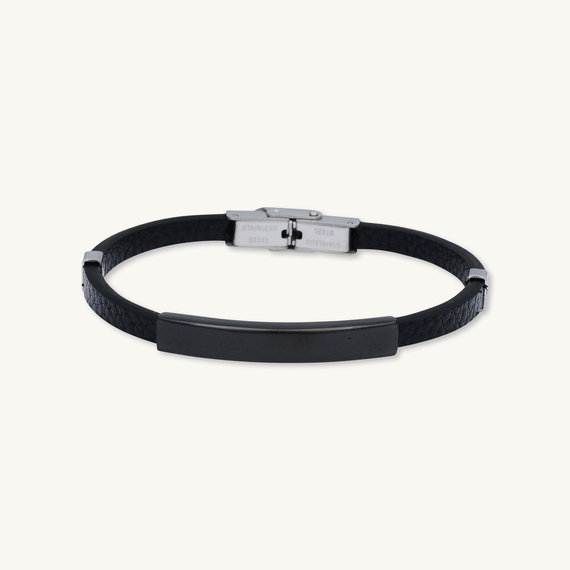 Black Leather Bar Stainless Steel Bracelet - Camile & Stone