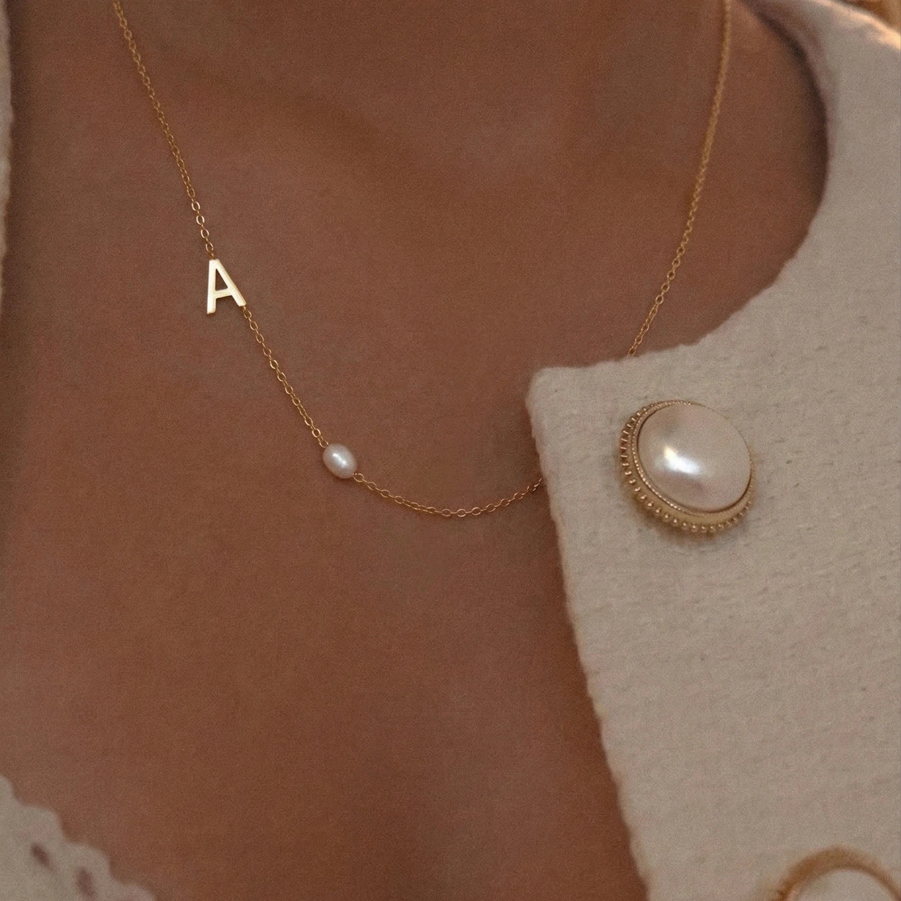 Sideways A - Z Initial Letter Freshwater Pearl Necklace - Camile & Stone