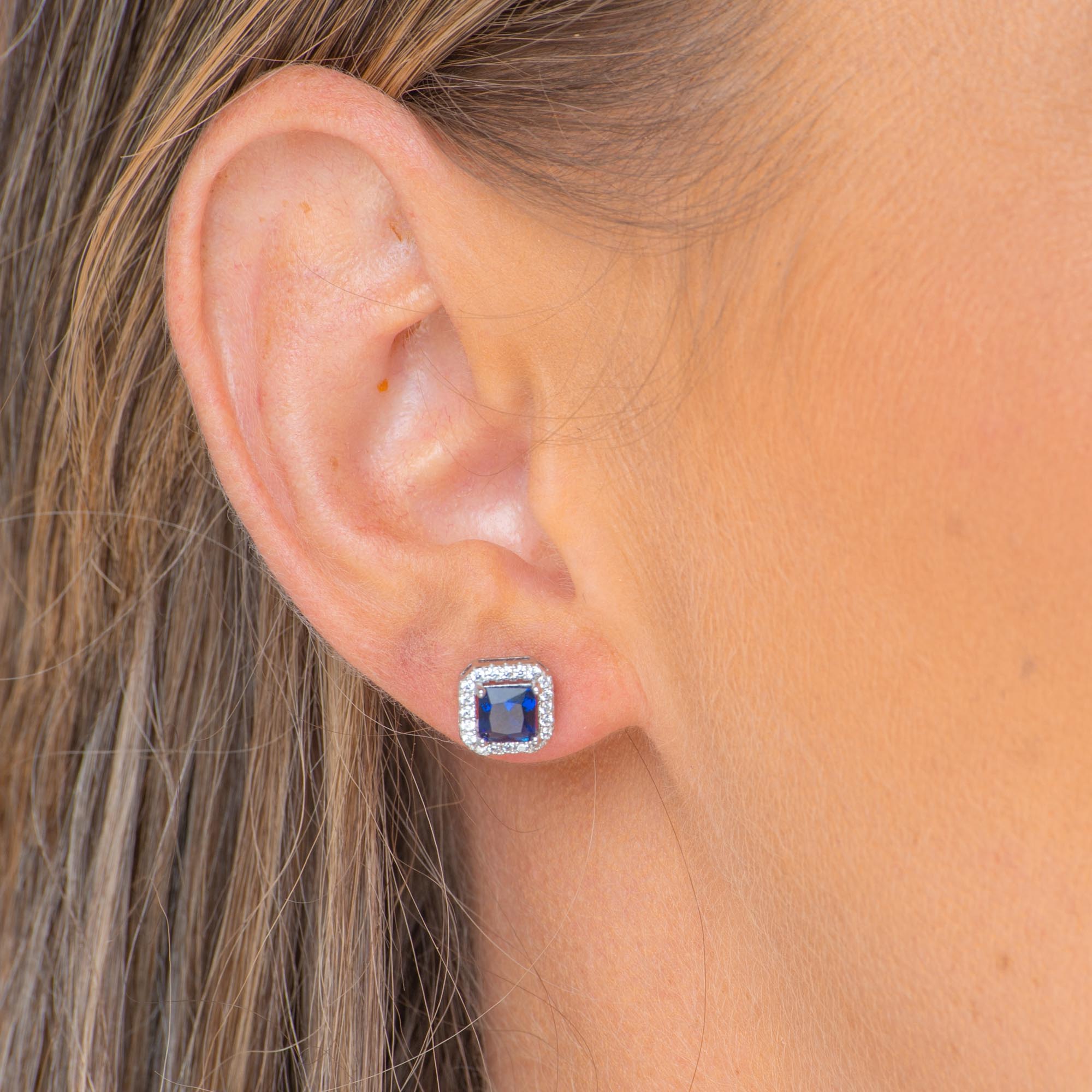 Blue Sapphire Square Pave Halo Stud Earrings