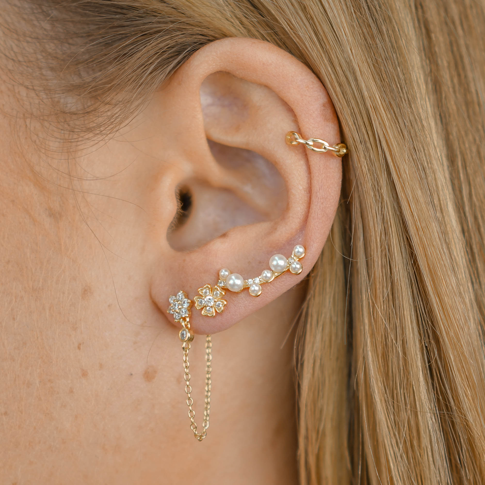 Flower Sapphire Dangle Chain Earrings